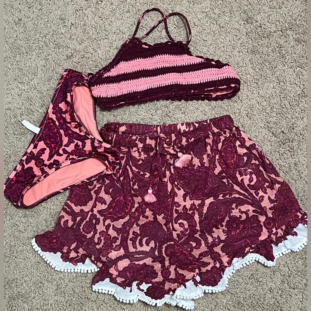 Zimmermann Red and Purple Floral Swim Set With Skirt